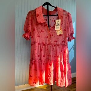 Pink puff-sleeve Chiffon dress with flocking cherry print